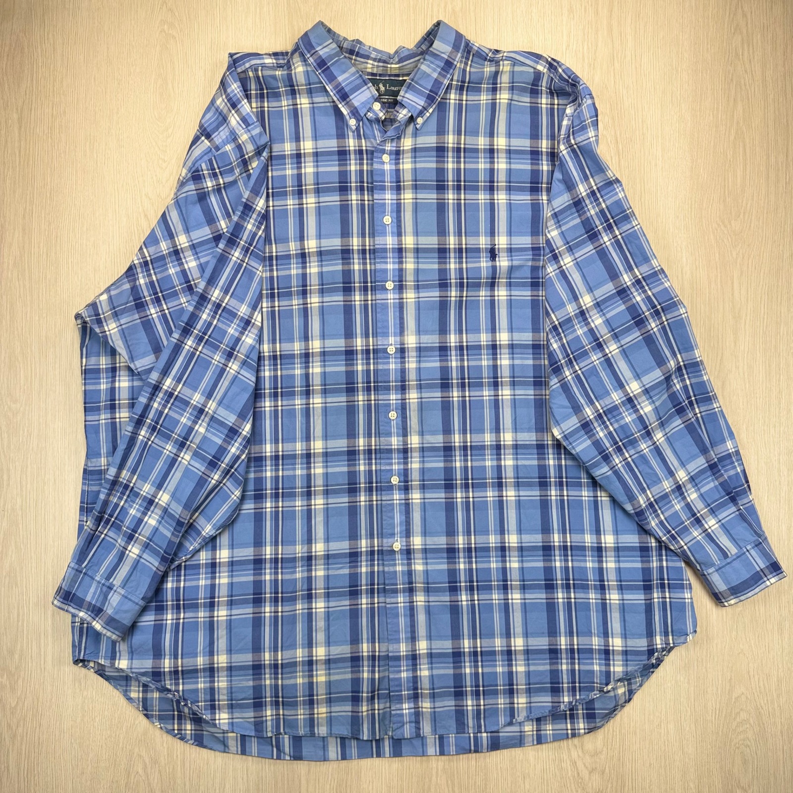 Ralph Lauren Classic Fit Plaid Button Down Shirt Blue White 4xlt Tall Mens